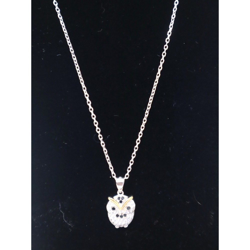 Silver Owl Necklace 18in Womens Sterling Silver Pave Animal Pendant Bird Gift